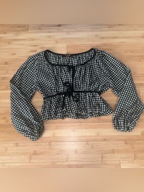 Jondie Gingham Crop Top Womens Medium Black White Cottagecore Tie Front Blouse